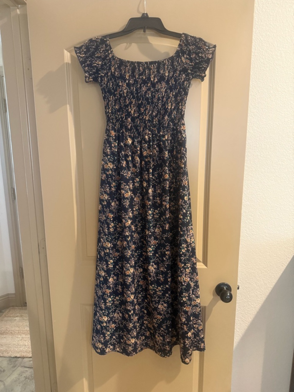 Boho Navy Floral Smocked Maxi Dress Off Shoulder or Square Neck XS